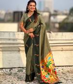 Olive woven zari buti & paithani pallu work silk blend fabric traditional festive style
