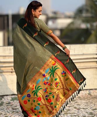 Olive woven zari buti & paithani pallu work silk blend fabric traditional festive style 2