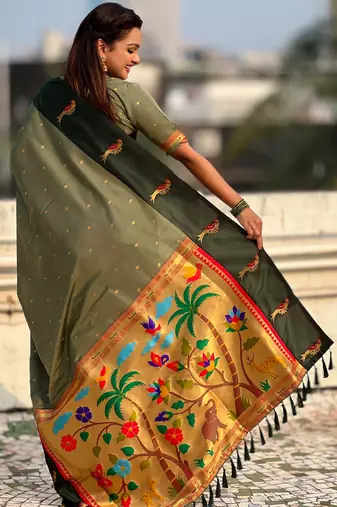 Olive woven zari buti & paithani pallu work silk blend fabric traditional festive style