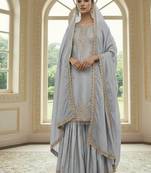 Grey color chinnon silk embroidery work wedding wear salwar suit