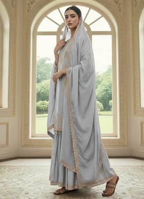 Grey color chinnon silk embroidery work wedding wear salwar suit 2