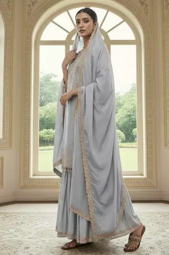 Grey color chinnon silk embroidery work wedding wear salwar suit