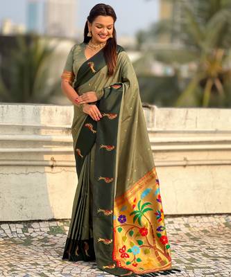 Olive woven zari buti & paithani pallu work silk blend fabric traditional festive style 3