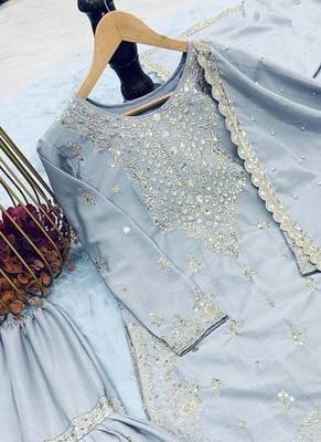 Grey color chinnon silk embroidery work wedding wear salwar suit 3