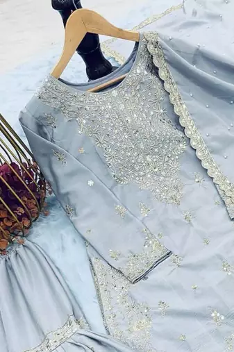 Grey color chinnon silk embroidery work wedding wear salwar suit
