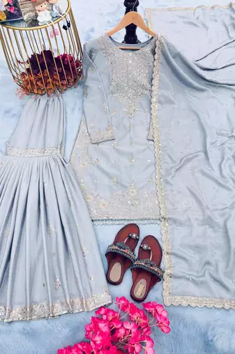 Grey color chinnon silk embroidery work wedding wear salwar suit