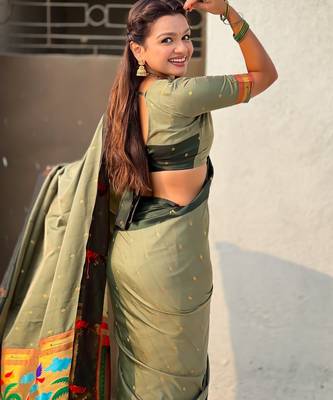 Olive woven zari buti & paithani pallu work silk blend fabric traditional festive style 4