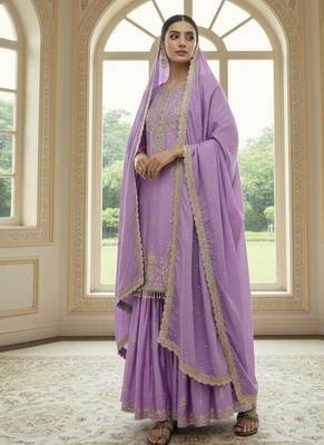 Lavender color chinnon silk embroidery work wedding wear salwar suit 1