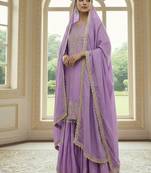 Lavender color chinnon silk embroidery work wedding wear salwar suit