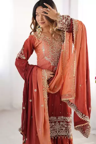 Light Orange Color Dori,Sequence And Rivet Moti Work Chinon Silk Top Bottom Dupatta Set