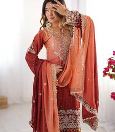 Light Orange Color Dori,Sequence And Rivet Moti Work Chinon Silk Top Bottom Dupatta Set