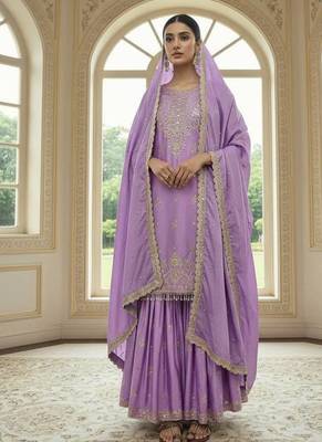 Lavender color chinnon silk embroidery work wedding wear salwar suit 2