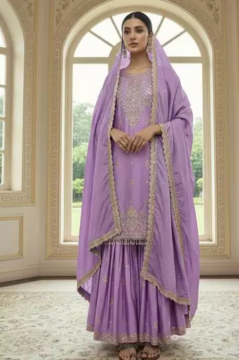 Lavender color chinnon silk embroidery work wedding wear salwar suit