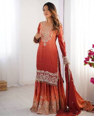Light Orange Color Dori,Sequence And Rivet Moti Work Chinon Silk Top Bottom Dupatta Set 3