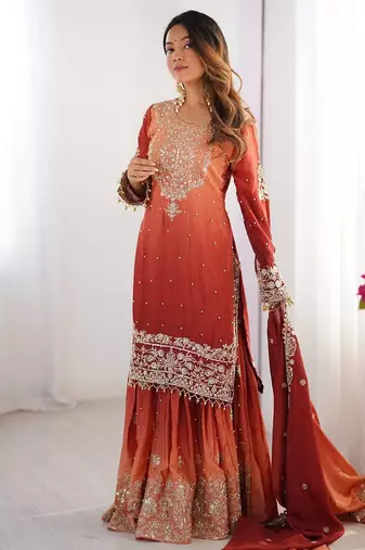 Light Orange Color Dori,Sequence And Rivet Moti Work Chinon Silk Top Bottom Dupatta Set