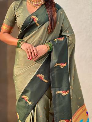 Olive woven zari buti & paithani pallu work silk blend fabric traditional festive style 5