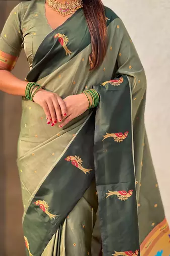 Olive woven zari buti & paithani pallu work silk blend fabric traditional festive style
