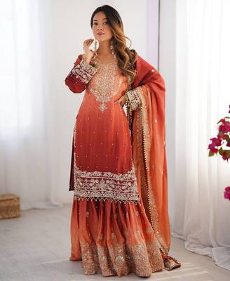 Light Orange Color Dori,Sequence And Rivet Moti Work Chinon Silk Top Bottom Dupatta Set 1
