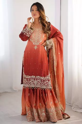 Light Orange Color Dori,Sequence And Rivet Moti Work Chinon Silk Top Bottom Dupatta Set