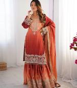 Light Orange Color Dori,Sequence And Rivet Moti Work Chinon Silk Top Bottom Dupatta Set
