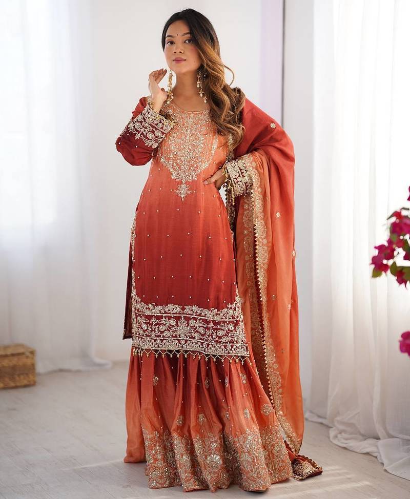 Light Orange Color Dori,Sequence And Rivet Moti Work Chinon Silk Top Bottom Dupatta Set