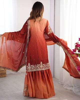 Light Orange Color Dori,Sequence And Rivet Moti Work Chinon Silk Top Bottom Dupatta Set 4