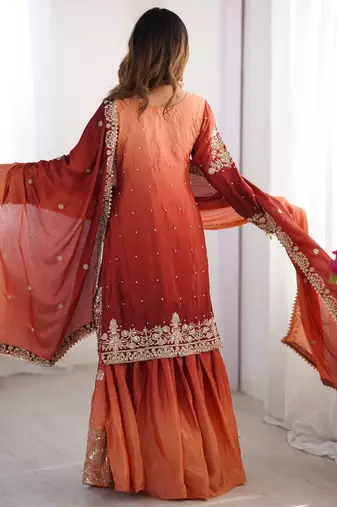 Light Orange Color Dori,Sequence And Rivet Moti Work Chinon Silk Top Bottom Dupatta Set