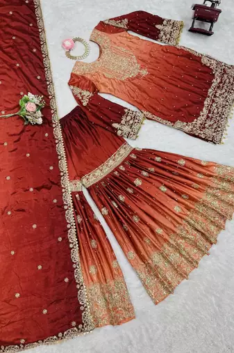 Light Orange Color Dori,Sequence And Rivet Moti Work Chinon Silk Top Bottom Dupatta Set