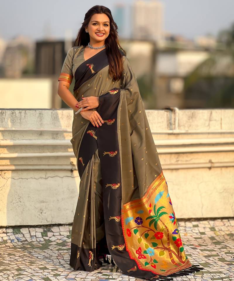 Grey woven zari buti & paithani pallu work silk blend fabric traditional festive style