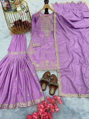 Lavender color chinnon silk embroidery work wedding wear salwar suit 4