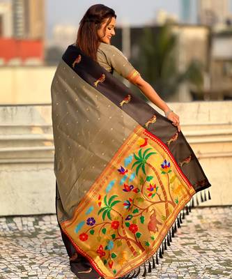 Grey woven zari buti & paithani pallu work silk blend fabric traditional festive style 2