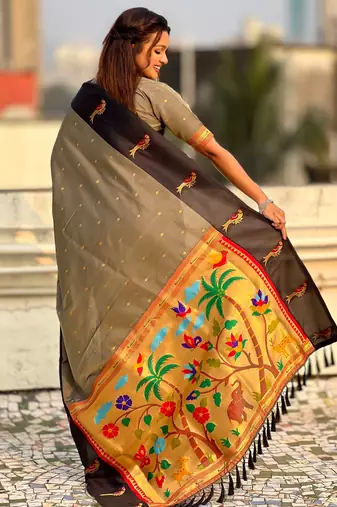 Grey woven zari buti & paithani pallu work silk blend fabric traditional festive style