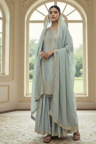 Mint green color chinnon silk embroidery work wedding wear salwar suit