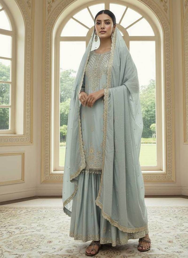 Mint green color chinnon silk embroidery work wedding wear salwar suit