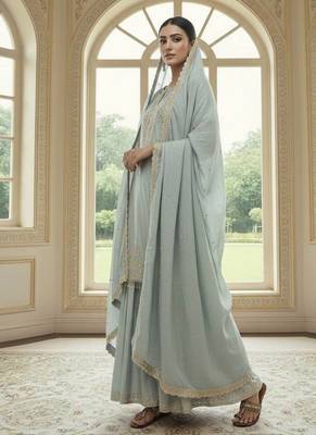 Mint green color chinnon silk embroidery work wedding wear salwar suit 2
