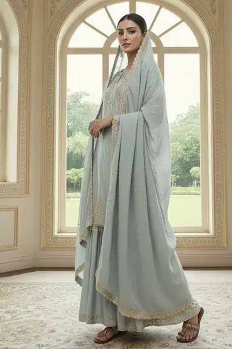 Mint green color chinnon silk embroidery work wedding wear salwar suit