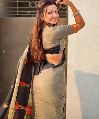 Grey woven zari buti & paithani pallu work silk blend fabric traditional festive style 4