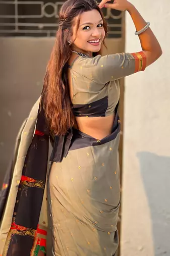 Grey woven zari buti & paithani pallu work silk blend fabric traditional festive style