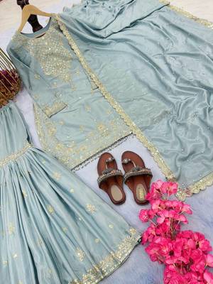 Mint green color chinnon silk embroidery work wedding wear salwar suit 3