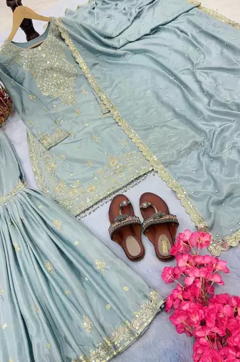 Mint green color chinnon silk embroidery work wedding wear salwar suit