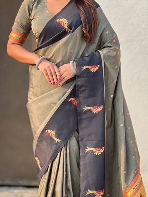 Grey woven zari buti & paithani pallu work silk blend fabric traditional festive style 5