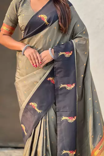 Grey woven zari buti & paithani pallu work silk blend fabric traditional festive style