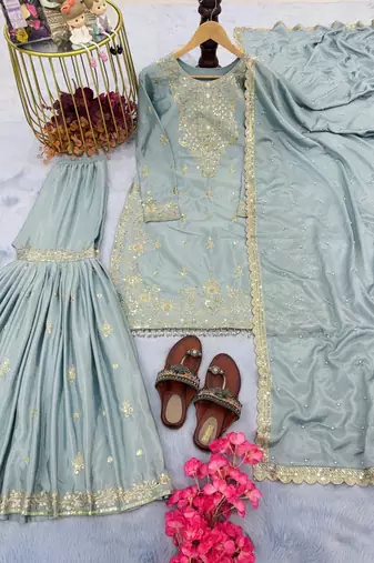 Mint green color chinnon silk embroidery work wedding wear salwar suit