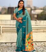 Sea green woven zari buti & paithani pallu work silk blend fabric traditional festive style