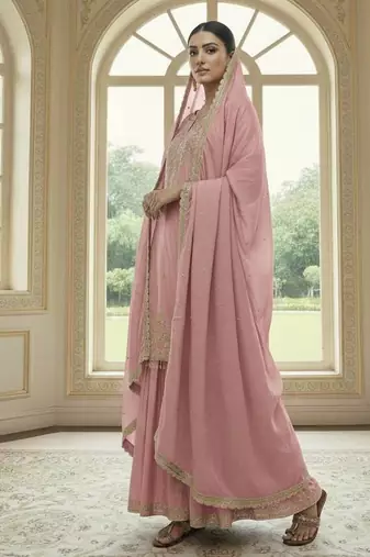Peach color chinnon silk embroidery work wedding wear salwar suit