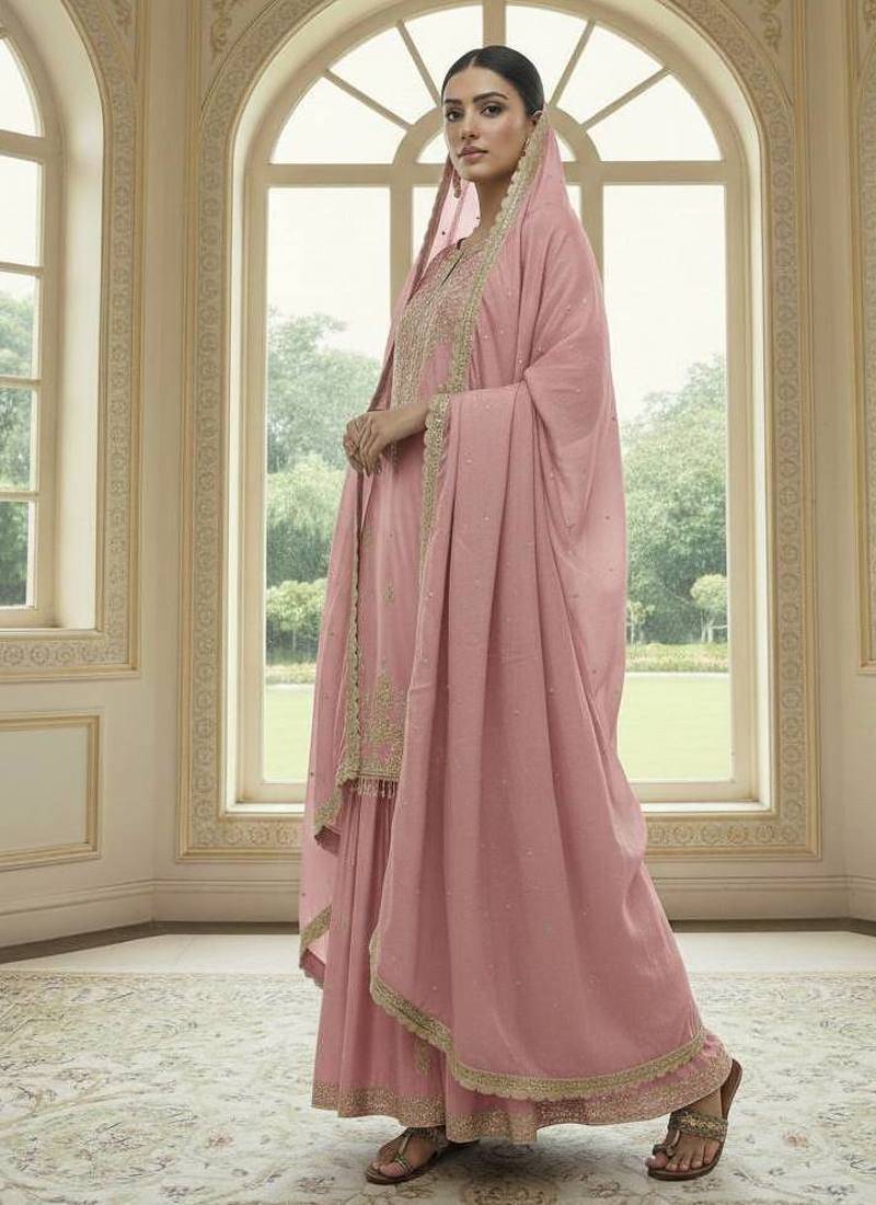 Peach color chinnon silk embroidery work wedding wear salwar suit