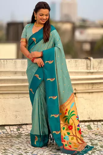 Sea green woven zari buti & paithani pallu work silk blend fabric traditional festive style