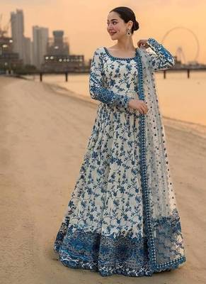 White color faux georgette heavy embroidery work wedding wear long gown 1