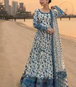 White color faux georgette heavy embroidery work wedding wear long gown