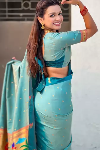 Sea green woven zari buti & paithani pallu work silk blend fabric traditional festive style